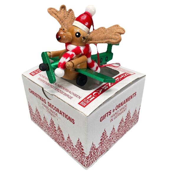 Vintage Steinbach Handcrafted Wood Christmas Ornament Moose Flying Plane Germany - Picture 1 of 8